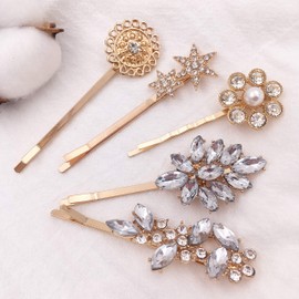 5-Pack Vintage Crystal Decorative Bobby Pins Hair Accessories Gold Tone Women