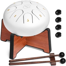 ZERBEAT Steel Tongue Drum 6 Inches, 8 Notes Steel Drum + Unique Stand, Drum Sticks, Finger-Picks, Bag, Beginners Friendly & Adults | Spiritual Musical Instruments. (White - with Stand)