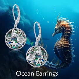 POPLYKE Seahorse Earrings 925 Sterling Silver Ocean Earrings Cute Seahorse Starfish Shell Earrings Abalone Shell Leverback Earrings for Women