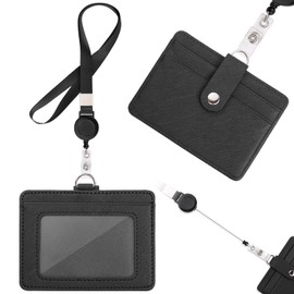 Horizontal ID Card Holder with Elastic Reel Strap Neck Passcase Coin Purse Holds 3 Cards for Both Sides Unisex (Black)