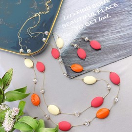 Firstmeet 2 Layer Acrylic Beads Long Statement Necklace With Earrings(XL-1086-Coral+Orange)