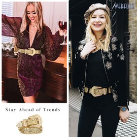 WERFORU Women Men Western Rhinestone Studded Leather Belt Cowgirl Cowboy Bling Waist Belt for Jeans Dress, Gold,Fit Waist Size 43-47 Inches