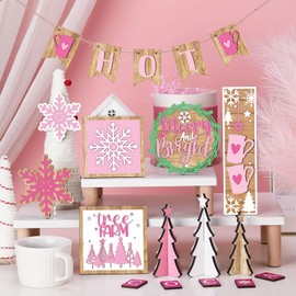 GlikCeil 19 Pcs Pink Christmas Tiered Tray Decor Hot Cocoa Wood Sign Pink Snowflakes Wooden Decorations Xmas Coffee Table Decor Rustic Farmhouse Pink Winter Centerpieces for Home Tabletop Shelf