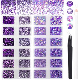 AUREHEN 15000PCs 2-6MM Purple Series Resin Flat Back Rhinestones, Round Non Hotfix Jelly & Silver Bottom Resin Rhinestones Nail Gems Stones with Tweezer & Picker Pen for Nail Art Tumblers & DIY Crafts