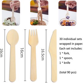 Einwegbesteck aus Holz [150 Stück] - Nachhaltiges Besteck für Camping, Party, Einzelverpackung aus Kraftpapier,Gabel-Messer & Löffel - 100% natürlich, biologisch abbaubar & BPA-frei