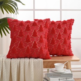 Volcanics Red Christmas Tree Decorative Throw Pillow Covers 18x18 Inch Set of 2, Soft Plush Faux Fur with Sparkling Sequin Design, Luxury Throw Pillowcases for Couch Holiday Festivals
