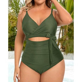 Daci - Traje de baño de una pieza para mujer, talla grande, cintura alta, control de abdomen, traje de baño con espalda abierta, Verde militar, 26 Plus