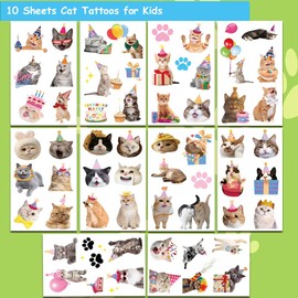 Hohamn Cat Tattoos for Kids, 10 Sheets Cute Funny Cat Party Temporary Tattoos for Kids Girls Boys Birthday Party Supplies Gifts Decoration