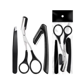 3Pcs Black Professional Stainless Steel Eyebrow Kit Eyebrow Trimming Scissors with Comb Hair Removal Tweezers Folding Brow Scraper Makeup Beauty Accessories for Men and Women