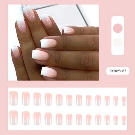 Vopintpy Pink White Gradient Press on Nails Medium Square Fake Nails with Design Glossy Ombre Acrylic Glue on Nail Reusable Full Cover Stick on Nail for Women DIY Manicure