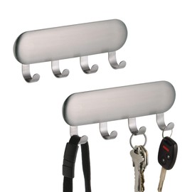 iDesign Self-Adhesive Stainless Steel Key Rack with 4 Hooks - Key Holder for Wall, Set of 2, Brushed