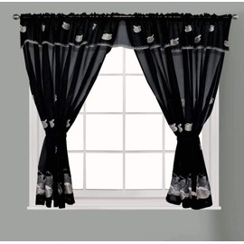 Householdfurnishing Embroidered Kitchen Window Pair Curtains Set Rod Pocket with Attached Valance & Tiebacks (Black, W 48 x L 54 Inch)