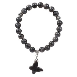 KYEYGWO Natural Black Labradorite Crystal Butterfly Bracelet for Women, Lucky Charm Stone Beaded Bracelets 8mm Wrist Birthstone Jewellery