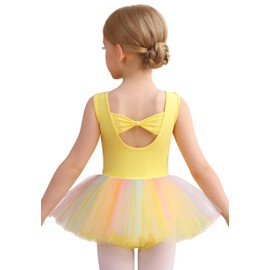 MdnMd Girls Toddler Short Sleeve Glitter Dance Ballet Rainbow Tutu Ballerina Dress Outfit Leotard (Yellow, Age 4-6 / 4t,5t)