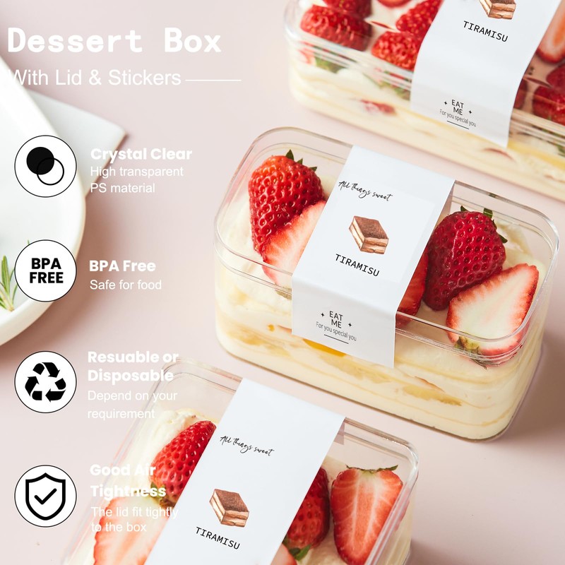 Plastic Dessert Cups with Lids and Sporks,Stickers,Tiramisu Containers,Cookie Containers,Clear Food