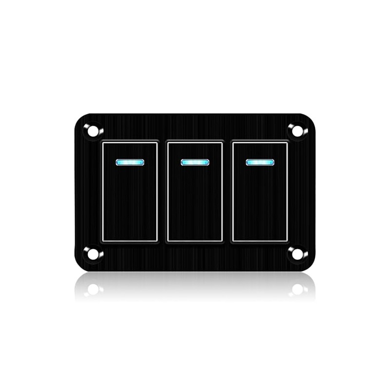 3 Gang Aluminum Rocker Switch Panel Waterproof Pre-Wired Blue Backlit