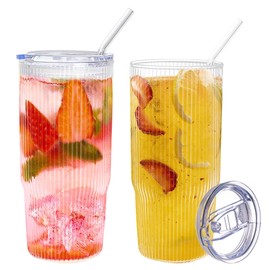 QWEZXO 24oz Glass Tumblers with Lids and Straws 2PCS Ribbed Ice Coffee Glass Cups, Clear Thick Wall Water Iced Coffee Tumbler with Straw and Lid for Cold Beverages