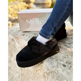 Stelle Plush Platform for Women Comfy Slippers Fleece Lining Removable Backstrap Fluffy Cozy Shoes Indoor Outdoor （Black,7）