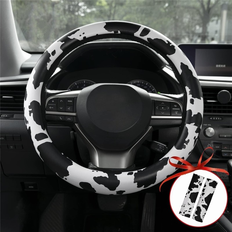 AUTOXBERT 3Pcs Cow Print Steering Wheel Cover Set 15Inch Wheel