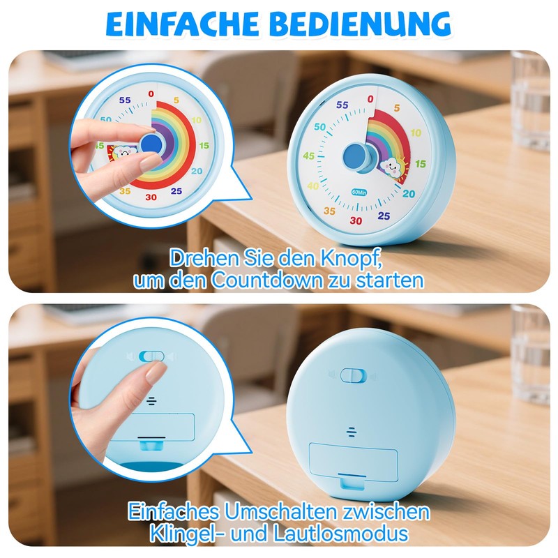 SIMQELLI Kinder Visueller Timer, 60 Minuten Countdown, Lautlos, Regenbogenmuster, für