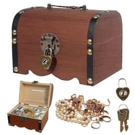 GOIEHIR Small Vintage Wooden Treasure Chest, Vintage Look Treasure Chest with Combination Lock, Brown Wood Storage Treasure Chest with Lid, Pirate Treasure Chest for Storage and Decoration, Scavenger