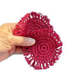 Crochet Cotton Car Coasters for Cup Holders, Handmade Boho Style with Fringe, Set of 2 (Boredeaux)