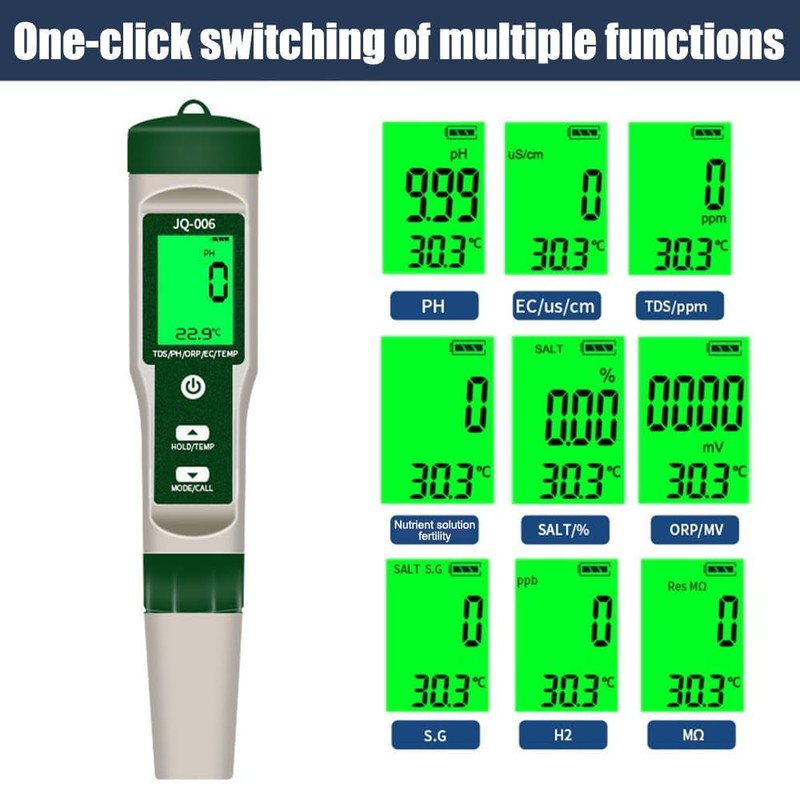 B-Qtech Digital PH Meter for 10 in 1 Pool, PH/TDS/S.G/EC/Salinity/MΩ/H2/OPR/Fertility/Temp
