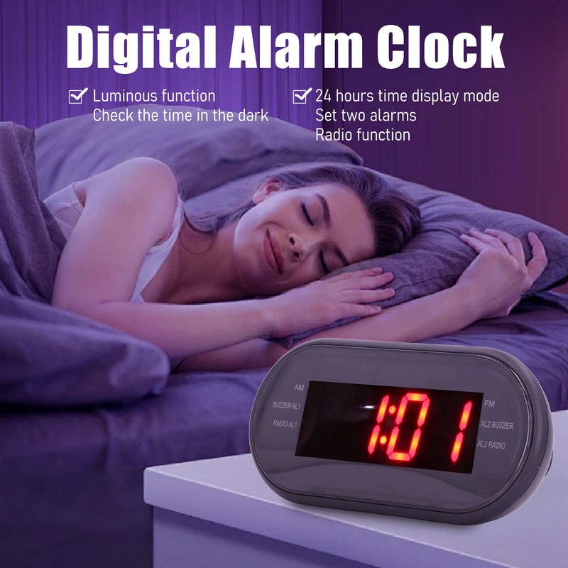 Digital Alarm Clock Bedroom Large Display AM FM Radio LED
