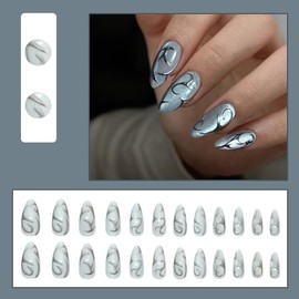 24 Pcs Almond Press on Nails Short Nail Tips - SHANRUN Fall Acrylic Nail Art Kit Fake Nails Press ons French Tip Glue on Nails Stick on Nails with Cat's Eye Silver Texture Design False Nail for Women