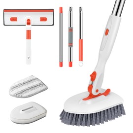 SetSail 4-in-1 Tile Tub Floor Scrubber with 52-inch Adjustable Long Handle Shower Cleaner Brush Comes with Window Scrubber and 3 Replacement Brush Heads for Cleaning Bathroom Kitchen Tub Tile,Orange