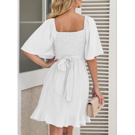 Dokotoo Women's Casual Dress Wrap V Neck Short Sleeve Smocked Elastic Waist Tiered Belted Ruffle Hem Mini Dress Wedding Dress Summer Dress White M