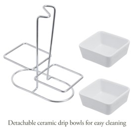 MyGift Ceramic Cooking Spoon Rest, Upright Soup Ladle Holder with 2 Square Ceramic Dish with Silver Tone Metal Rack Stand