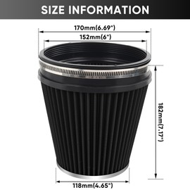 TIEVISHO 6" 152mm Cold Air Intake Filter Clamp-On Replacement High Flow Inlet Air Filter High Performance Washable Cone Filter 7" Tall Black