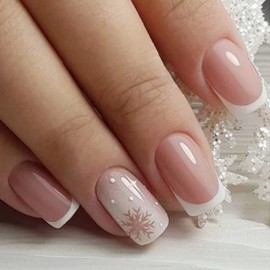 Christmas Press On Nails - Short Square Fake Nails with French Tip Acrylic, Cute White Snowflake Full Cover Stick On Nails for Xmas Manicure Decorations
