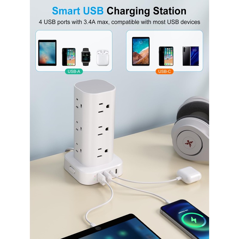 Power Strip Tower with Multiple Outlets, Flat Plug Surge Protector