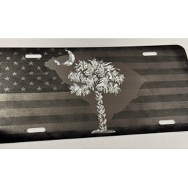 Combo Laser Engraved US Flag & Diamond Etched SC Palm Tree Car Tag License Plate