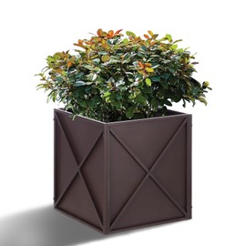 Metal Square Planter Box Tall Planters for Outdoor Plants Modern Heavy Duty with Drainage Holes for Outside Indoor Patio Deck - Brown, 17”x 17”x 18”