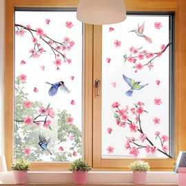 LOONELO Spring Summer Window Stickers, Peach Blossom Floral Bird Wall Clings, Self-Adhesive Seasonal Nature-Inspired Flower Glass Door Wall Decals for Bedroom Living Room TV Office Home Decorations