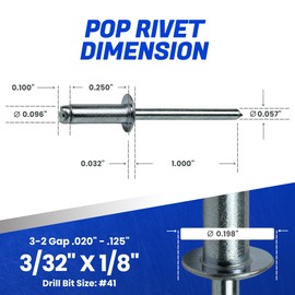 Fastenere Pop Rivets - 3/32" x 1/8" (100 pcs) Heavy Duty, Open-End, Low Carbon Steel, Dome-Head Blind Rivets, Corrosion-Resistant & High Shear Strength, 3-2 Gap 0.020"-0.125"