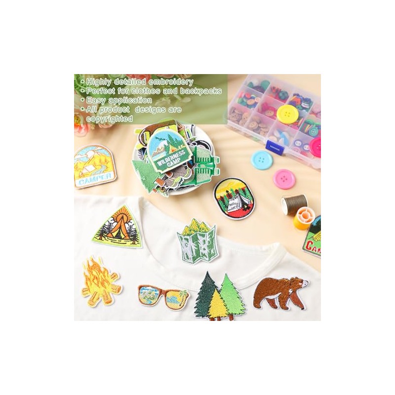 48 Camping Themed Iron-On Patches for DIY Crafts