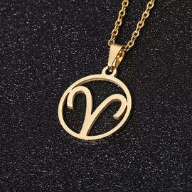 Gold Star Sign Circle Pendant Chain Necklace - Aries (21st March - 19th April) - Zodiac Constellation Horoscope Celestial Astrology Jewellery - Women Men Gift