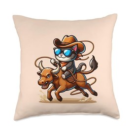 Funny Cowboy Cat Lasso Rope Riding Bull Western Cat Rodeo Throw Pillow