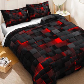 Nttopship Geometric Red Black Duvet Cover Twin Size,Light Honeycomb 3PCS Bedding Set for Kids and Adults,Modern Cover Set Geometry Decor,Microfiber Lightweight 1 Duvet Cover and 2 Pillowcases