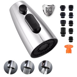 Kitchen Faucet Head Replacement:Stainless Steel Spray Head,3 Modes Pull Out Spray Nozzle with 9 Adapters for Kitchen Sink Faucet,Compatible with Moen Kohler Delta Kitchen Faucets G1/2,Chrome