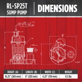 Red Lion RL-SP25T 115-Volt, 1/4 HP, 2900 GPH Aluminum and Thermoplastic Sump Pump with Tethered Switch and 8-Ft. Cord, Red, 14942739