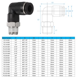 HARFINGTON 5pcs Push to Connect Fittings Male Elbow 1/4 Inch Tube OD x 1/8 Inch NPT Thread Plastic Quick Connect Air Hose Pneumatic Fitting Kit Push Lock Connector PL1/4-N01, Black