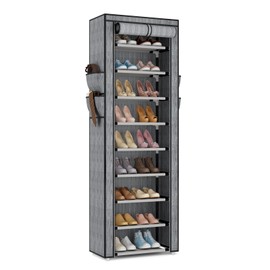 VILICK Shoe Rack with Cover Narrow Shoe Rack Organizer with 4 Side Pockets 10 Tier Tall Shoe Storage Shoe Shelf Holds 18-22 Pairs Shoes and Boots Shoe Rack for Closet, Printing
