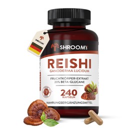 Reishi Pilz Extrakt Kapseln (Ganoderma lucidum) - 240 Stück - hochdosiert mit 20% Beta Glucane und 40% Polysaccaride - 1230 mg Extrakt pro Tagesdosis - Laborgeprüft und Vegan - DE - SHROOMY