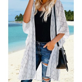 Women's Swimsuit Cover Ups Plus Size Kimonos Summer Chiffon Dressy Casual Cardigans(White Line Splicing,S)