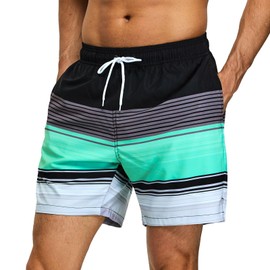 EDOTON Swimming Trunks for Men with Zip Pocket, Quick-Drying, Waterproof Swimming Shorts, Adjustable Swimming Shorts with Drawstring, stripes